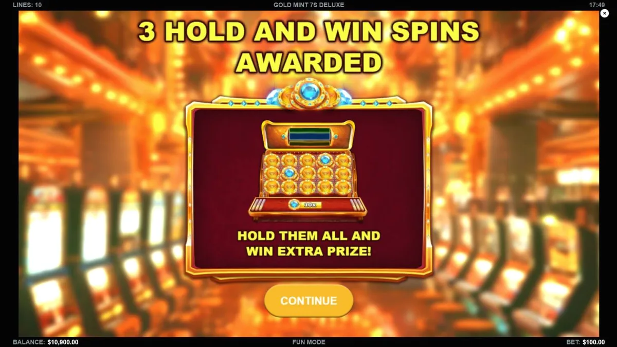 Tampilan visual slot Gold Mint 7s Deluxe dengan simbol 7 emas dan permata