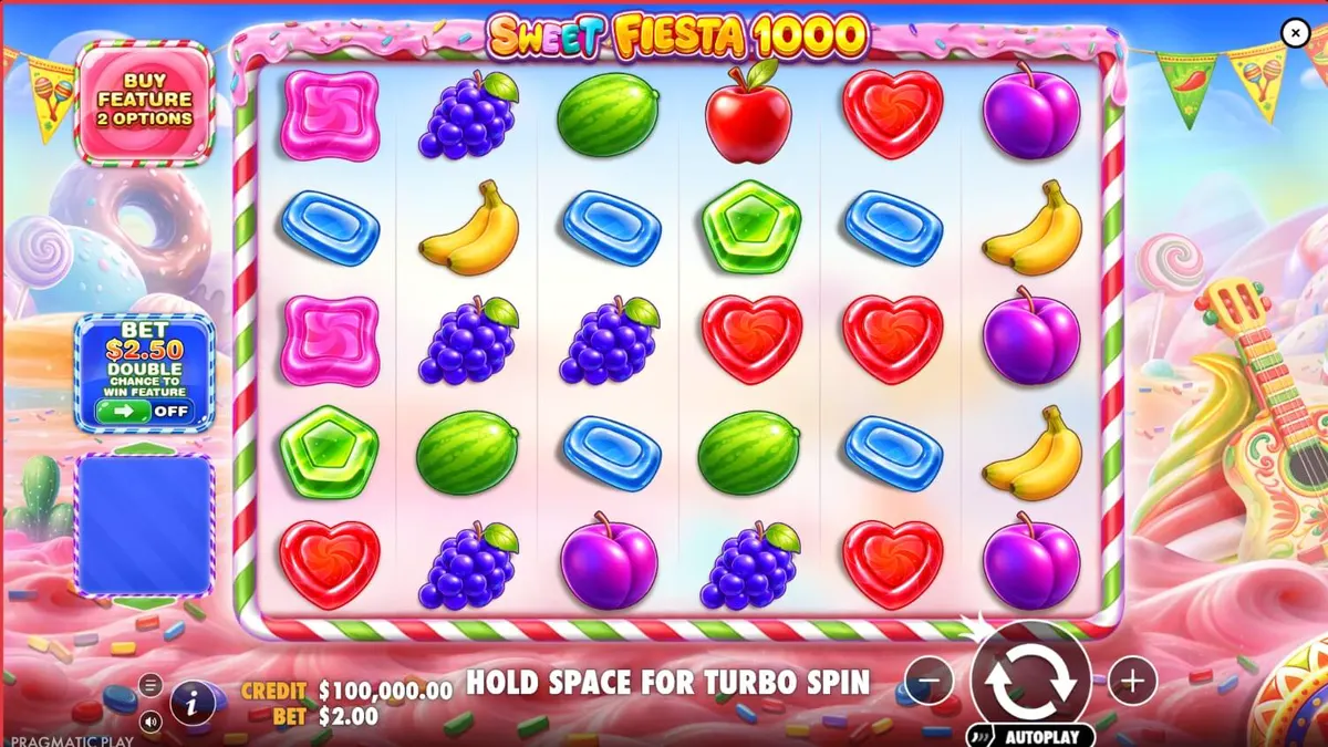Tampilan visual penuh warna dan meriah dari slot Sweet Fiesta 1000 dengan simbol permen dan latar karnaval.