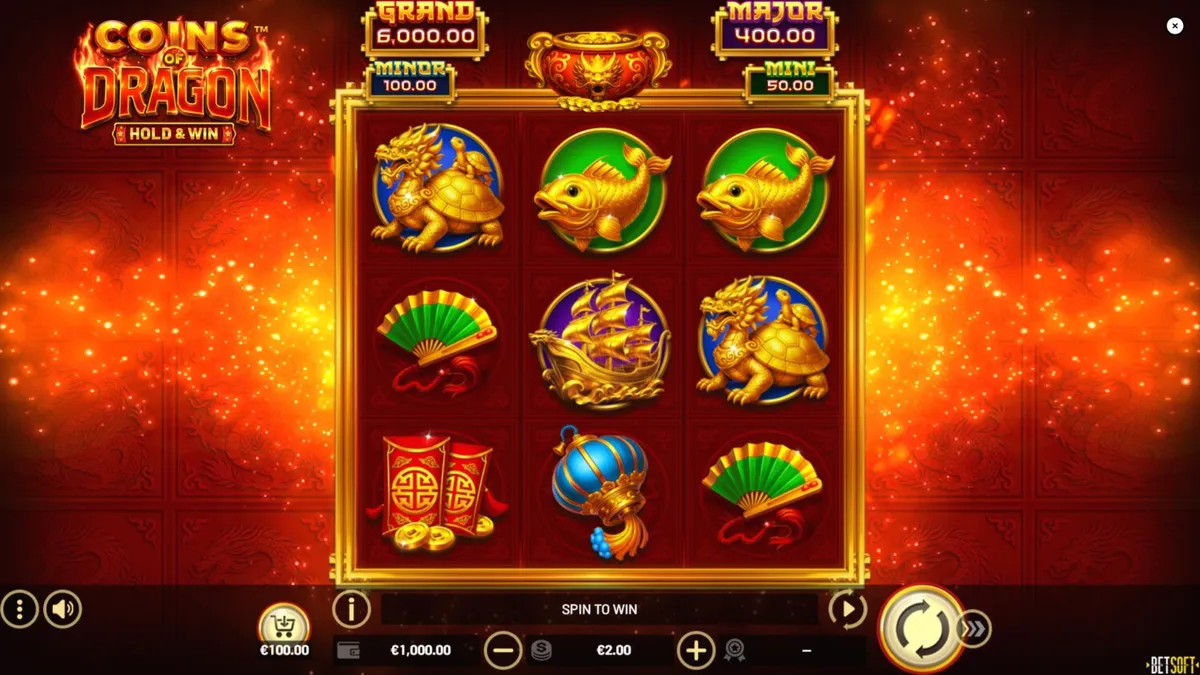 Tampilan visual slot Coins of Dragon dengan latar belakang naga emas dan simbol oriental.
